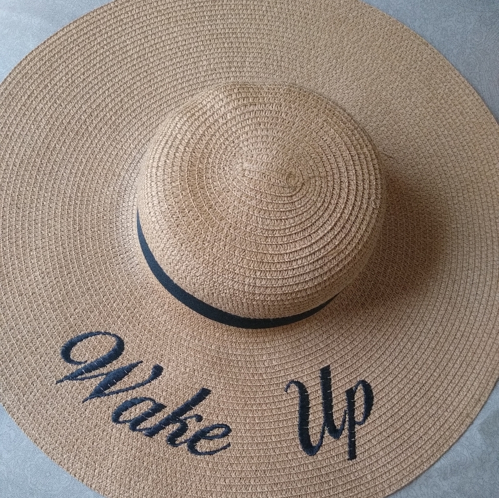 Tan Wide Brim Hat with Black Embroidery